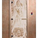 Стеклянная дверь для бани и сауны с рисунком ГОРЯЧИЙ ПАР, коробка осина, сатин, 8 мм, 3 петли хром, квадратные 1900х700 мм (по коробке) фото товара
