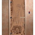 Стеклянная дверь для бани и сауны с рисунком ВОЛШЕБНЫЙ ПАР, коробка осина, бронза матовая, 8 мм, 3 петли хром, квадратные 1900х700 мм (по коробке) фото товара