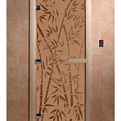 Стеклянная дверь для бани и сауны с рисунком БАМБУК И БАБОЧКИ, коробка осина, бронза матовая, 8 мм, 3 петли хром, квадратные 1800х800 мм (по коробке) фото товара