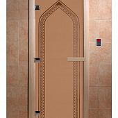Стеклянная дверь для бани и сауны с рисунком АРКА, коробка осина, бронза матовая, 8 мм, 3 петли хром, квадратные 1900х700 мм (по коробке) фото товара