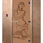 Стеклянная дверь для бани и сауны с рисунком ИСКУШЕНИЕ, коробка осина, бронза матовая, 8 мм, 3 петли хром, квадратные 1800х800 мм (по коробке) фото товара