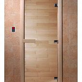 Дверь для сауны и бани стеклянная, короб осина, прозрачная, 8 мм, 3 петли хром квадратные, 2000х900 мм (по коробке) фото товара