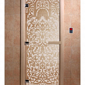 Стеклянная дверь для бани и сауны с рисунком ФЛОРЕНЦИЯ, коробка осина, сатин, 8 мм, 3 петли хром, квадратные 1800х800 мм (по коробке) фото товара