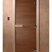 Дверь для сауны и бани стеклянная, короб осина, бронза, 8 мм, 3 петли хром квадратные, 2000х600 мм (по коробке) фото товара