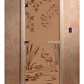 Стеклянная дверь для бани и сауны с рисунком КАМЫШОВЫЙ РАЙ, коробка осина, бронза матовая, 8 мм, 3 петли хром, квадратные 1900х700 мм (по коробке) фото товара