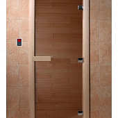 Дверь для сауны и бани стеклянная, короб осина, бронза, 8 мм, 3 петли хром квадратные, 1800х800 мм (по коробке) фото товара
