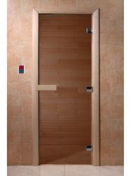 Дверь для сауны и бани стеклянная, короб осина, бронза, 8 мм, 3 петли хром квадратные, 1900х800 мм (по коробке) фото товара