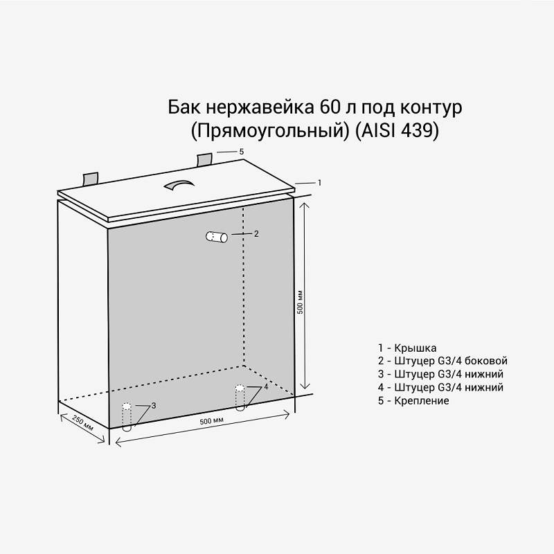 Бак нержавейка 60л под контур (Прямоугольный) (AISI 439) фотография