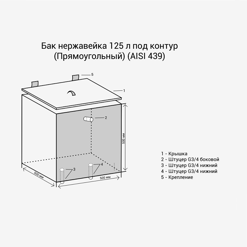 Бак нержавейка 125л под контур (Прямоугольный) (AISI 439) фотография