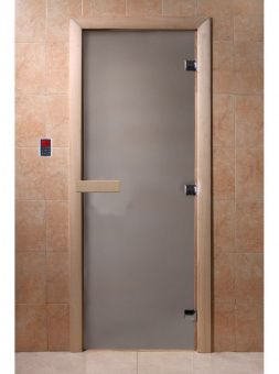 Дверь для сауны и бани стеклянная, короб ольха, сатин, 8 мм, 3 петли хром квадратные, 1700х700 мм фотография