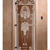Стеклянная дверь для бани и сауны с рисунком ЕГИПЕТ, коробка осина, бронза, 8 мм, 3 петли хром, квадратные 2000х800 мм (по коробке) фото товара