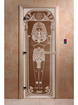 Стеклянная дверь для бани и сауны с рисунком ЕГИПЕТ, коробка осина, бронза, 8 мм, 3 петли хром, квадратные 2000х800 мм (по коробке) фотография