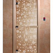 Стеклянная дверь для бани и сауны с рисунком ЦВЕТЫ И БАБОЧКИ, коробка осина, прозрачная, 8 мм, 3 петли хром, квадратные 1800х800 мм (по коробке) фото товара