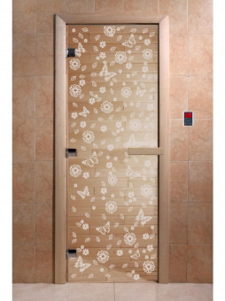 Стеклянная дверь для бани и сауны с рисунком ЦВЕТЫ И БАБОЧКИ, коробка осина, прозрачная, 8 мм, 3 петли хром, квадратные 1800х800 мм (по коробке) фотография