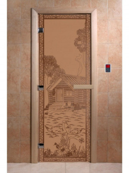 Стеклянная дверь для бани и сауны с рисунком БАНЬКА В ЛЕСУ, коробка осина, бронза матовая, 8 мм, 3 петли хром, квадратные 2000х800 мм (по коробке) фотография