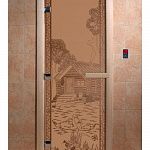 Стеклянная дверь для бани и сауны с рисунком БАНЬКА В ЛЕСУ, коробка осина, бронза матовая, 8 мм, 3 петли хром, квадратные 1900х800 мм (по коробке) фото товара