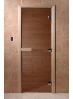 Дверь для сауны и бани стеклянная, короб осина, бронза, 8 мм, 3 петли хром квадратные, 1900х700 мм (по коробке) фотография