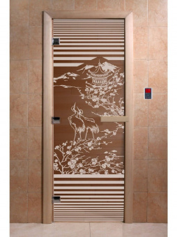 Стеклянная дверь для бани и сауны с рисунком "Япония", коробка осина, бронза, 8 мм, 3 петли хром, квадратные 2000х800 мм (по коробке) фотография