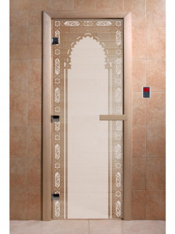 Стеклянная дверь для бани и сауны с рисунком ВОСТОЧНАЯ АРКА, коробка осина, сатин, 8 мм, 3 петли хром, квадратные 1900х800 мм (по коробке) фотография