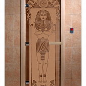 Стеклянная дверь для бани и сауны с рисунком ЕГИПЕТ, коробка осина, бронза матовая, 8 мм, 3 петли хром, квадратные 1900х800 мм (по коробке) фото товара