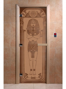 Стеклянная дверь для бани и сауны с рисунком ЕГИПЕТ, коробка осина, бронза матовая, 8 мм, 3 петли хром, квадратные 1900х800 мм (по коробке) фотография