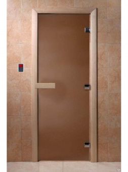 Дверь для сауны и бани стеклянная, короб осина, бронза матовая, 8 мм, 3 петли хром квадратные, 2100х800 мм (по коробке) фотография