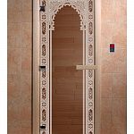 Стеклянная дверь для бани и сауны с рисунком ВОСТОЧНАЯ АРКА, коробка осина, бронза, 8 мм, 3 петли хром, квадратные 1900х700 мм (по коробке) фото товара