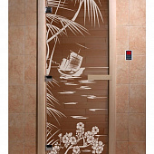 Стеклянная дверь для бани и сауны с рисунком ГОЛУБАЯ ЛАГУНА, коробка осина, бронза, 8 мм, 3 петли хром, квадратные 1900х700 мм (по коробке) фото товара