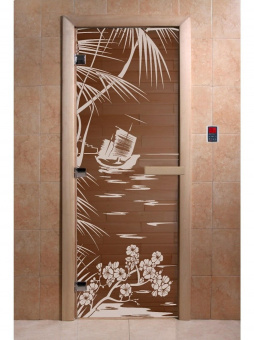 Стеклянная дверь для бани и сауны с рисунком ГОЛУБАЯ ЛАГУНА, коробка осина, бронза, 8 мм, 3 петли хром, квадратные 1900х700 мм (по коробке) фотография