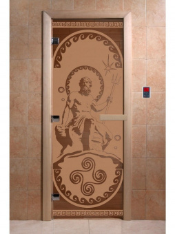 Стеклянная дверь для бани и сауны с рисунком ПОСЕЙДОН, коробка осина, бронза матовая, 8 мм, 3 петли хром, квадратные 2000х800 мм (по коробке) фотография