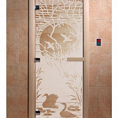 Стеклянная дверь для бани и сауны с рисунком ЛЕБЕДИНОЕ ОЗЕРО, коробка осина, сатин, 8 мм, 3 петли хром, квадратные 1900х800 мм (по коробке) фото товара