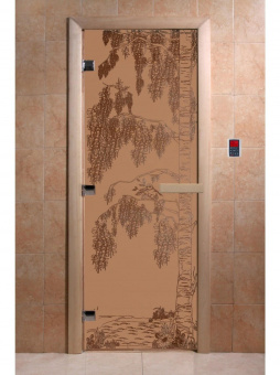 Стеклянная дверь для бани и сауны с рисунком БЕРЕЗА, коробка осина, бронза матовая, 8 мм, 3 петли хром, квадратные 1900х800 мм (по коробке) фотография