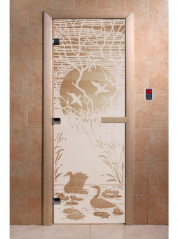 Стеклянная дверь для бани и сауны с рисунком ЛЕБЕДИНОЕ ОЗЕРО, коробка осина, сатин, 8 мм, 3 петли хром, квадратные 1900х800 мм (по коробке) фотография