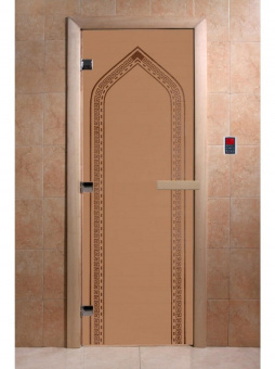 Стеклянная дверь для бани и сауны с рисунком АРКА, коробка осина, бронза матовая, 8 мм, 3 петли хром, квадратные 1800х800 мм (по коробке) фотография