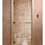 Стеклянная дверь для бани и сауны с рисунком ДЖЕНИФЕР, коробка осина, прозрачная, 8 мм, 3 петли хром, квадратные 2000х800 мм (по коробке) фото товара