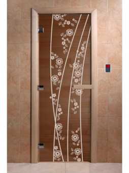 Стеклянная дверь для бани и сауны с рисунком ВЕСНА ЦВЕТЫ, коробка осина, бронза, 8 мм, 3 петли хром, квадратные 1900х800 мм (по коробке) фотография