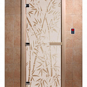 Стеклянная дверь для бани и сауны с рисунком БАМБУК И БАБОЧКИ, коробка осина, сатин, 8 мм, 3 петли хром, квадратные 1900х800 мм (по коробке) фото товара