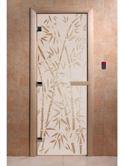 Стеклянная дверь для бани и сауны с рисунком БАМБУК И БАБОЧКИ, коробка осина, сатин, 8 мм, 3 петли хром, квадратные 1900х800 мм (по коробке) фотография