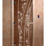 Стеклянная дверь для бани и сауны с рисунком ВЕСНА ЦВЕТЫ, коробка осина, бронза, 8 мм, 3 петли хром, квадратные 1900х800 мм (по коробке) фото товара