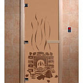 Стеклянная дверь для бани и сауны с рисунком БАНЬКА, коробка осина, бронза матовая, 8 мм, 3 петли хром, квадратные 1800х800 мм (по коробке) фото товара