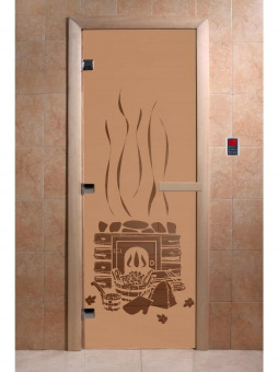 Стеклянная дверь для бани и сауны с рисунком БАНЬКА, коробка осина, бронза матовая, 8 мм, 3 петли хром, квадратные 1800х800 мм (по коробке) фотография