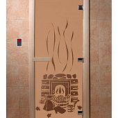 Стеклянная дверь для бани и сауны с рисунком БАНЬКА, коробка осина, бронза матовая, 8 мм, 3 петли хром, квадратные 1900х800 мм (по коробке) фото товара