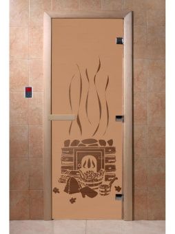 Стеклянная дверь для бани и сауны с рисунком БАНЬКА, коробка осина, бронза матовая, 8 мм, 3 петли хром, квадратные 1900х800 мм (по коробке) фотография