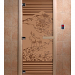 Стеклянная дверь для бани и сауны с рисунком "Япония", коробка осина, бронза матовая, 8 мм, 3 петли хром, квадратные 1800х800 мм (по коробке) фото товара