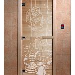 Стеклянная дверь для бани и сауны с рисунком ДЖЕНИФЕР, коробка осина, прозрачная, 8 мм, 3 петли хром, квадратные 1800х800 мм (по коробке) фото товара
