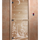 Стеклянная дверь для бани и сауны с рисунком ЗИМА, коробка осина, прозрачная, 8 мм, 3 петли хром, квадратные 1900х700 мм (по коробке) фото товара