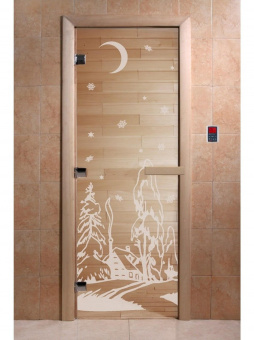 Стеклянная дверь для бани и сауны с рисунком ЗИМА, коробка осина, прозрачная, 8 мм, 3 петли хром, квадратные 1900х700 мм (по коробке) фотография
