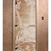 Стеклянная дверь для бани и сауны с рисунком МИШКИ, коробка осина, прозрачная, 8 мм, 3 петли хром, квадратные 2000х800 мм (по коробке) фото товара