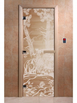 Стеклянная дверь для бани и сауны с рисунком МИШКИ, коробка осина, прозрачная, 8 мм, 3 петли хром, квадратные 2000х800 мм (по коробке) фотография