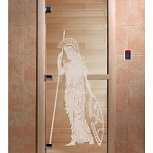 Стеклянная дверь для бани и сауны с рисунком РИМ, коробка осина, прозрачная, 8 мм, 3 петли хром, квадратные 1800х800 мм (по коробке) фото товара